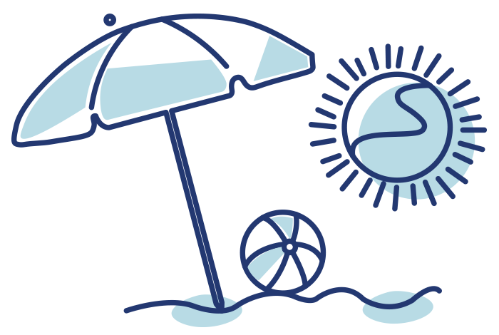 A blue illustration of a beach ball beneath a beach umbrella and the sun shining.