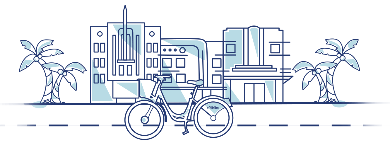 An illustration of a citibike with art deco style buildings in the background and palm trees.